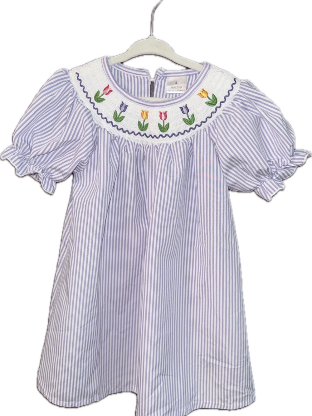 Girls Purple Striped Smock Tulip Embroidery Dress